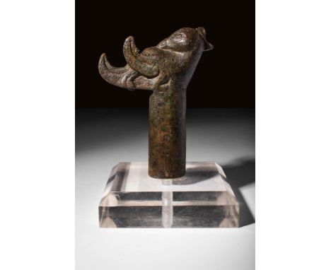Ca. 2200 - 1600 BC A Western Asiatic cast large bronze terminal of a sceptre in duck shape; its cylindrical socket tube decor