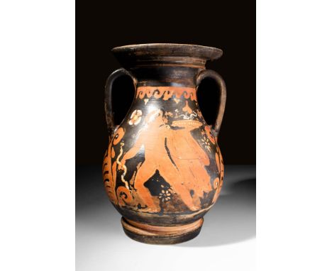 Ca. 330 - 300 BC A red-figure pottery olpe with a bulbous body, and a short, splayed foot. The neck is funnel shaped and has 
