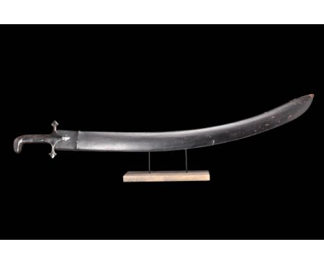 Ca. 17th to 18th century AD A curved single-edged Zulfiqar sword with a Damascus steel blade with a split tip ending in two p