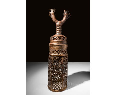 Ca. AD 1450 - 1550 A remarkable bronze lantern, with openwork decoration of scrolling vines and phytomorphic motifs, which is