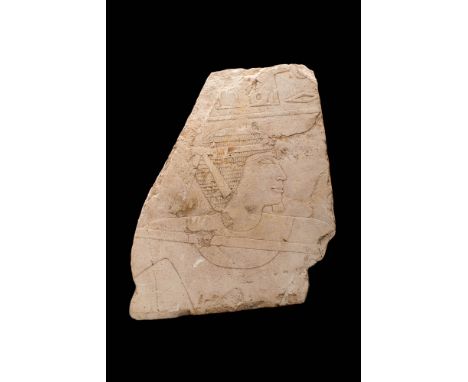 Old Kingdom, 6th Dynasty, Ca. 2345 - 2181 BC An Egyptian limestone relief showing the chest and the head of a nobleman in the