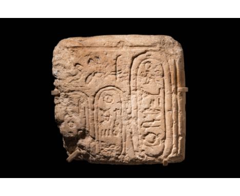 New Kingdom, 18th Dynasty, Ca. 1539 - 1292 BC An Egyptian limestone relief of the cartouches of Akhenaten (1356-1336 BC), and
