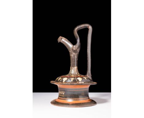 Ca. 350 - 300 BC A black-glazed Gnathian Epichysis characterised by a domed shoulder leading to a tubular neck. The shoulder 
