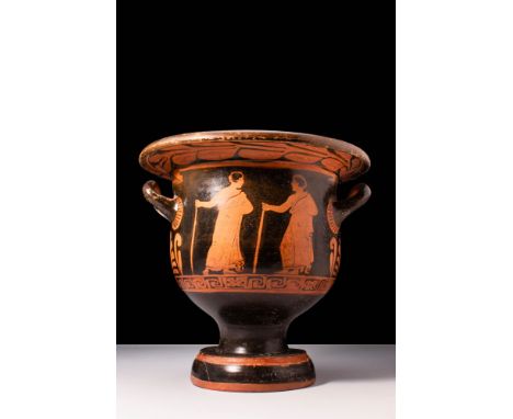 Ca. 340 - 300 BC A superb red-figure pottery bell krater with a large body and two horizontal handles. The krater features tr