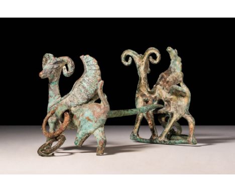 Ca. 1200 - 800 BC A Western Asiatic openwork horse bit decorated with lateral panels in the shape of a winged stag, realised 