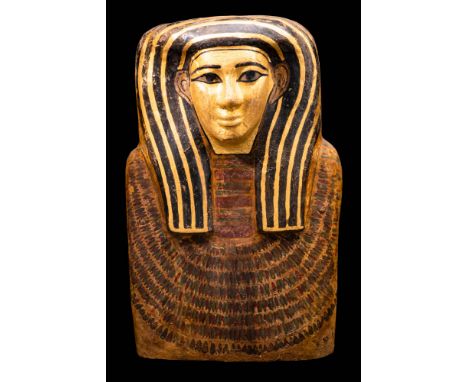 Late Period, 26th Dynasty, Ca. 664 - 525 BC A large and finely carved Egyptian wooden sarcophagus lid with painted stucco ove