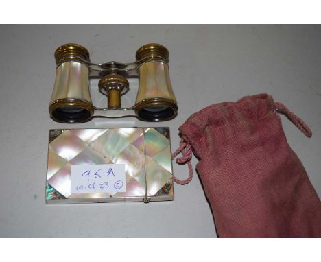 Mother of pearl card case and a mother of pearl and brass pair of opera glasses