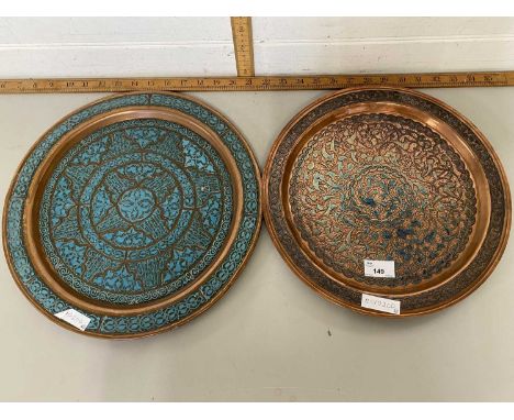 Two Middle Eastern copper and enamel finish serving trays