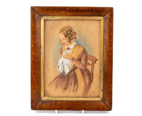 Victorian Watercolour of a young woman doing needlework signed M A Pearson 1860 in original maple frame, frame measures 23 x 