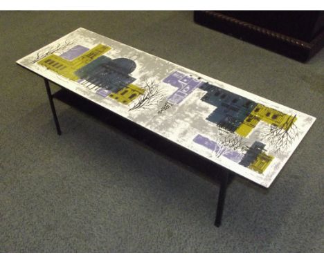 John Piper, mid century coffee table with under tier, the rectangular top depicting various illustrations of architectural la