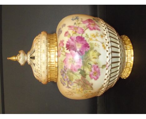 Late Victorian Royal Worcester lidded pot pourri vase, shape 1286, the body hand painted against a blush ivory ground, the li