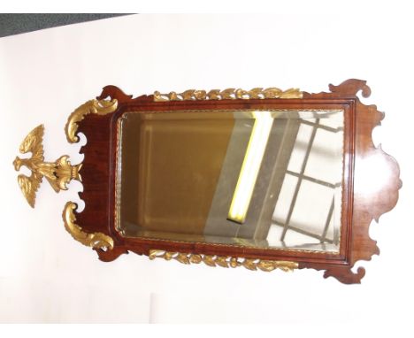 19th century (possibly earlier) bevel edged wall mirror with gilt eagle finial and gilt leaf capped decoration, 127cm x 58cm