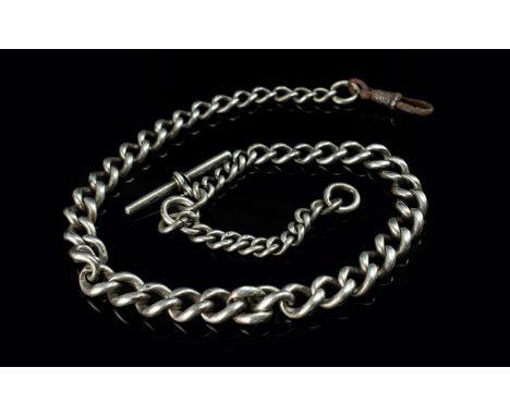 Victorian Period Sterling Silver Albert Chain with attached T-bar, all links marked for sterling silver; 17 inches (42.5cms) 