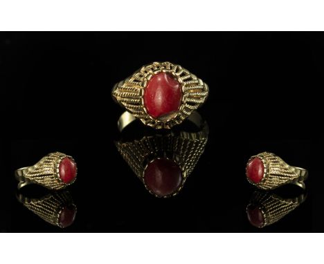 18ct Gold - Attractive Red Coral Set Dress Ring. Marked 750 to Shank. Excellent Designed Shank and Made by a Top Craftsman. R