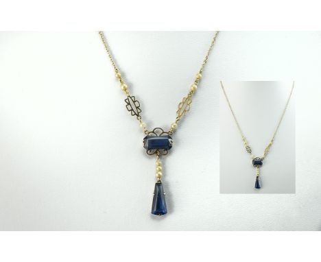 Ladies 9ct Gold Stylish Sapphire and Pearl Set Drop Necklace of excellent, pleasing design; not marked but tests gold, sapphi