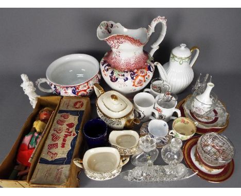 A mixed lot comprising ceramics to include Wedgwood, Coalport, Meakin and other, glassware and a boxed Pelham Puppet.