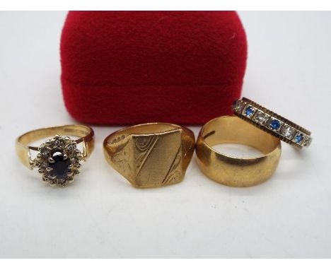 Gold Rings - 9ct gold wedding band, size K, 9ct gold signet ring, size P, 9ct gold cluster ring, size K and an unmarked white