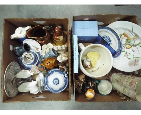 A mixed lot comprising ceramics to include boxed Wedgwood items, glassware, ceramic Monk decanter and other, two boxes. [2]