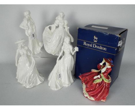 Four Royal Worcester blanks, all lady figurines and a boxed Royal Doulton Top o' The Hill figurine. [5]