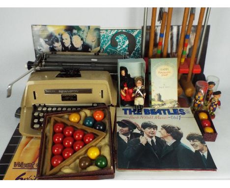 Lot to include vintage Remington typewriter, croquet set, small scale snooker balls, vinyl records and similar. [2]