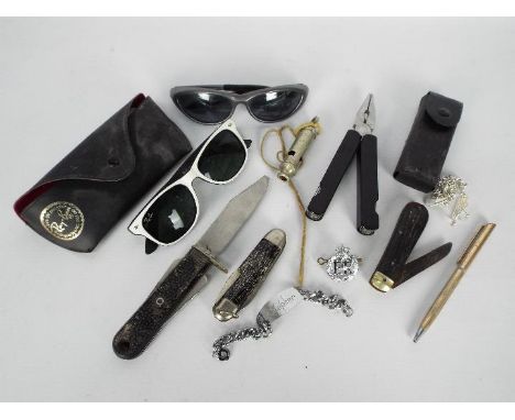 Lot comprising knives including a Joseph Rodgers survival knife, a J Hudson Metropolitan whistle, sunglasses, multi tool and 