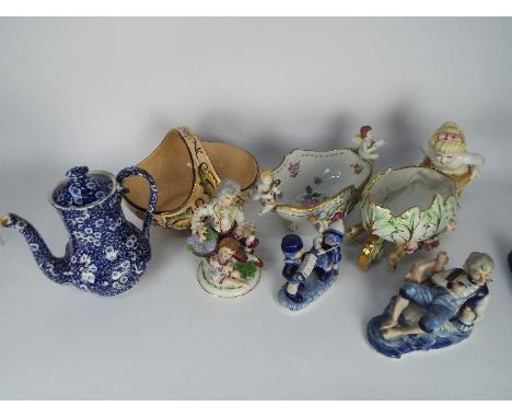 Mixed ceramics to include Wade Gothic basket, Schierholz Plaue centrepiece, Delft figural group and similar.