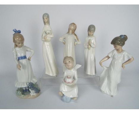 Six Spanish porcelain figurines comprising Lladro, Nao and similar, largest approximately 24 cm (h). [6]