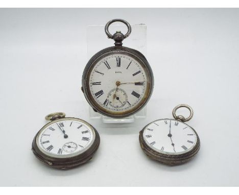 Silver Watches - A Swiss silver cased open face pocket watch, Roman numerals to a white enamel dial, dial with subsidiary sec