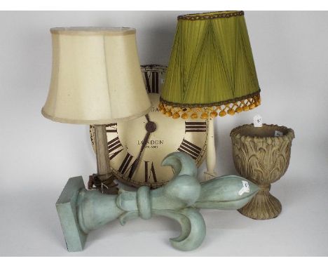 Lot to include table lamps, antique style wall clock, 49 cm (d) and similar. [5]