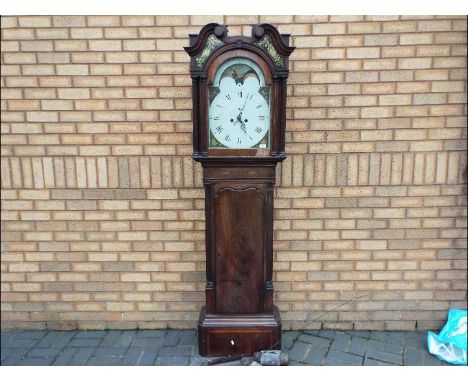 An early 19th century 8-day longcase clock, Roman numerals, arched, rolling moon dial, corners painted with fruit and flowers