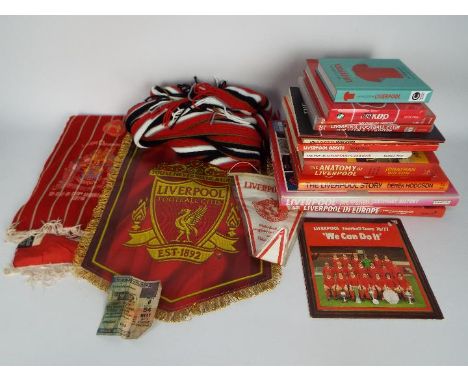 Liverpool Football Club - A collection of publications and memorabilia relating to Liverpool FC including 1976 scarf, pennant