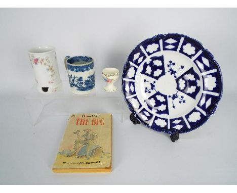 Lot to include a 19th century blue and white cup with underglaze asterisk mark to the base, a blue and white plate impressed 