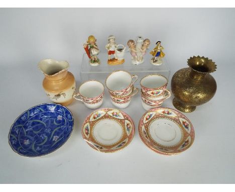 Lot comprising ceramics to include continental figurines and tea wares, also included in the lot is a brass vase with shaped 