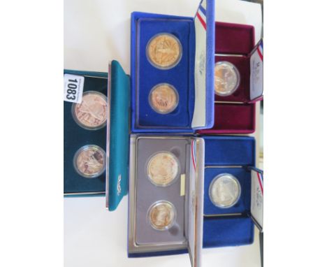 Five American proof coin sets, to include five silver dollars and three Nickel half Dollars, total silver weight approx 4.2 t
