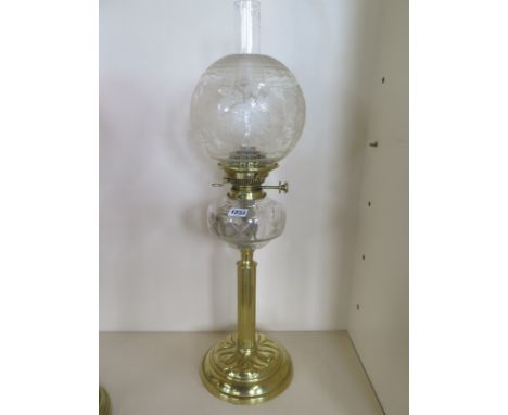 A brass oil lamp with cut glass font and etched shade - 68cm - good clean condition 