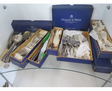 A collection of Mappin and Webb silver plate cutlery with original boxes, six setting 