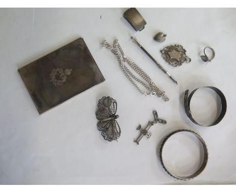 A small collection of silver and white metal jewellery and trinkets, including a plated frame 