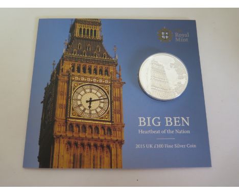 A 2015 fine silver and uncirculated £100 coin, featuring a Big Ben design, with presentation pack, coin approximately 62.8g 