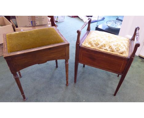 An Edwardian inlaid mahogany Piano Stool with hinged seat, on square tapering supports, and one other Piano Stool.