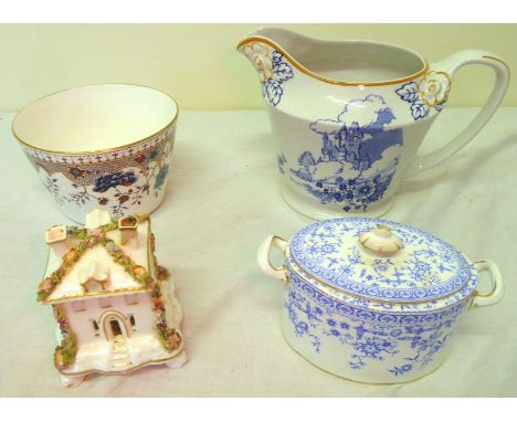 A Victorian Derby oval two handled Sucrier and Cover decorated in blue and white, a Victorian Derby Slop Bowl, Bursley ware F