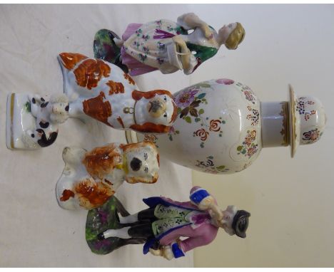Two 19th Century small Staffordshire King Charles Spaniel Mantel Ornaments, a Samson design baluster jar and cover, pair of s