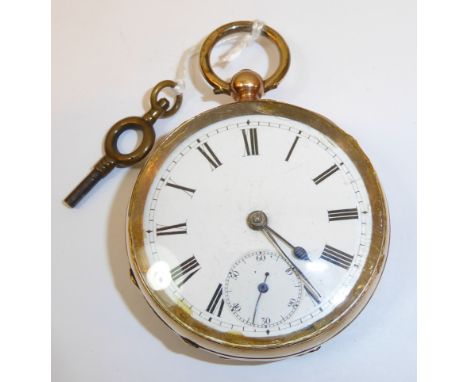 A Gentlemans open face key wind Pocket Watch with white enamel dial and subsidiary seconds dial in engine turned gold case ma