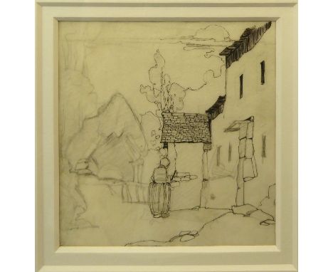 •JESSIE MARION KING (1875-1949); Woman by a cottage, ink and pencil on vellum.  5" (13cms) square with Ewan Mundy Fine Art la