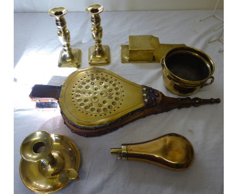 A pair of Victorian brass Table Candlesticks.  7" (17cms) high, a chamber candlestick, copper and brass powder flask etc. 