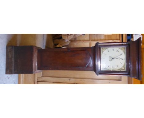 An 18th Century Longcase Clock with painted square dial, thirty hour movement and date aperture in oak case with plain turned