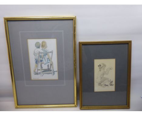 •DONALD GREIG (1916-2009); "The Shared Seat (Show Day)", watercolour, signed.  7" (17cms) x 4 1/2" (11cms) and another waterc
