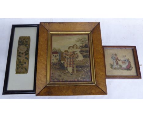 A 19th Century Petit Point needle work Picture of children at a garden gate inscribed "By M A Wayballs, November 8th 1838".  
