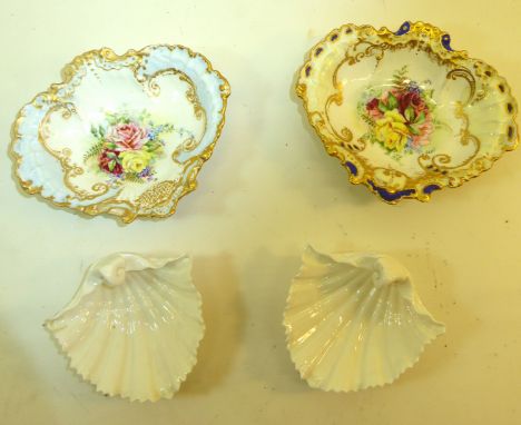 A pair of Royal Crown Derby oval shallow Dishes decorated with flowers, and a pair of Grainger's Worcester shell shape Dishes