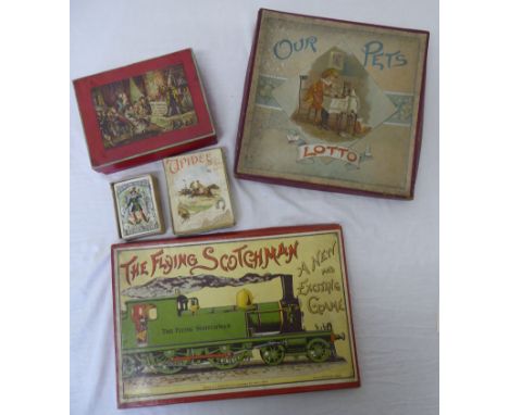 "The Flying Scotchman" a boxed board game with folding board and six metal train playing pieces; "Upidee The Great Race Game"