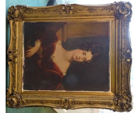A half length Portrait print of a lady in a large gilt frame, 32" (81cms) x 26" (66cms) and a partly overpainted portrait. 